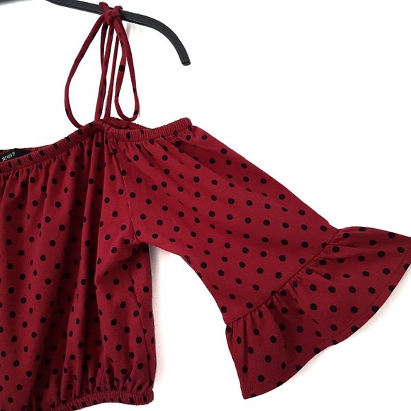 Forever 21 Wine/Black Polka Dot Off-Shoulder Top L - Picture 2 of 7